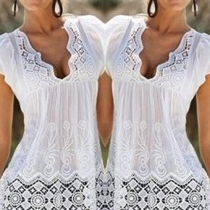 Sexy Deep V-neck Hollow Out Lace Spliced Short Sleeve Tops