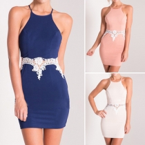 Sexy Backless Lace Spliced Solid Color Slim Fit Sling Dress