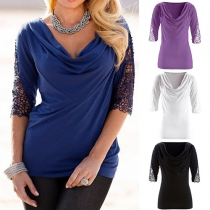 Fashion Lace Spliced Half Sleeve Cowl Neck Solid Color T-shirt