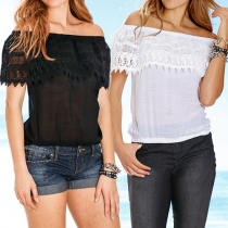 Sexy Slash Neck Lace Spliced Short Sleeve Tops 