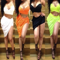 Sexy Solid Color Crop Tops + Irregular Hem Bust Skirt Two-piece Set