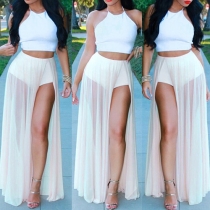 Sexy White Crop Tops + High Waist Slit Hem Maxi Skirt Set