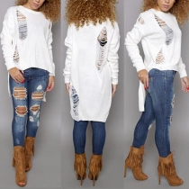 Distressed Style Long Sleeve High-low Hem Ripped Sweater