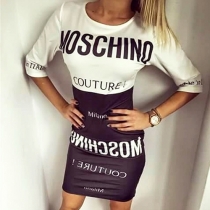 Fashion Letters Printed 3/4 Sleeve Round Neck Contrast Color Dress