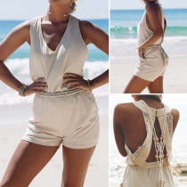 Sexy Backless Deep V-neck Lace Spliced Sleeveless Rompers