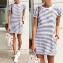 Fashion Short Sleeve Round Neck Striped T-shirt Dress