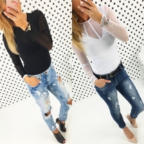Sexy See-through Gauze Spliced Long Sleeve Round Neck T-shirt