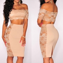 Sexy Slash Neck Lace Crop Tops + High Waist Bust Skirt Two-piece Set