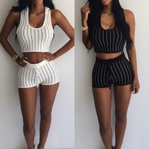 Fashion Sleeveless Hooded Crop Tops + High Waist Shorts Striped Sports Suit