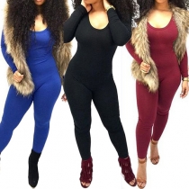 Fashion Solid Color Long Sleeve Round Neck Slim Fit Jumpsuits
