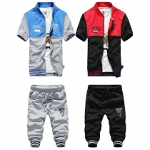 Fashion Contrast Color Short Sleeve Tops + Cropped Pants Men's Sports Suit