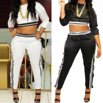 Fashion Long Sleeve Round Neck Crop Tops + High Waist Pants Two-piece Set