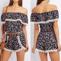 Sexy Slash Neck Lace Spliced Crop Tops + High Waist Shorts Printed Two-piece Set