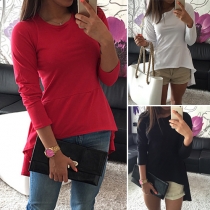Fashion Solid Color Long Sleeve Round Neck Irregular Hem T-shirt