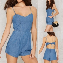 Sexy Backless Solid Color Sling Denim Rompers