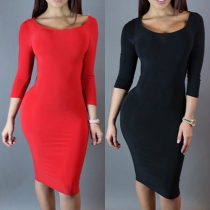 Sexy Backless Long Sleeve Round Neck Solid Color Sheath Dress