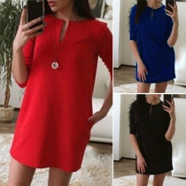 Fashion Solid Color Half Sleeve V-neck Dress
