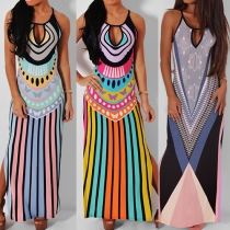Bohemian Style Sleeveless Slit Hem Printed Maxi Dress