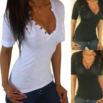 Sexy Deep V-neck Short Sleeve Solid Color T-shirt