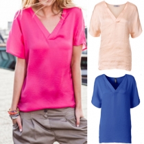 Fashion Solid Color Short Sleeve V-neck Loose T-shirt