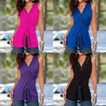Fashion Lace Spliced Sleeveless V-neck Knotted Tops 