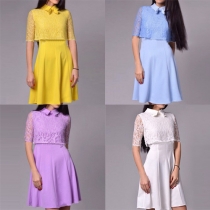 Elegant Solid Color Lace Spliced Short Sleeve POLO Collar Dress