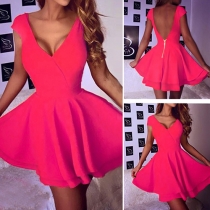Sexy Backless Deep V-neck Sleeveless Solid Color Dress