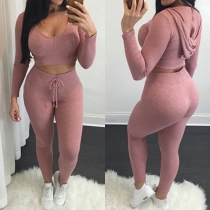 Sexy Long Sleeve Hooded Crop Tops + High Waist Pants Knit Two-piece Set