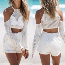 Sexy Off-shoulder Long Sleeve Halter Tops + Shorts Two-piece Set