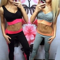 Fashion Contrast Color Sleeveless Crop Tops + High Waist Pants Sports Suit