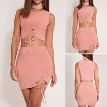Sexy Sleeveless Lace-up Tops + High Waist Bust Skirt Two-piece Set