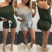 Sexy Slash Neck Long Sleeve Gathered Waist Solid Color Rompers