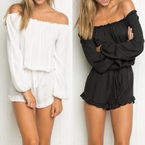 Sexy Slash Neck Long Sleeve Solid Color Gathered Waist Rompers