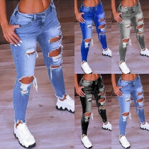 Distressed Style High Waist Ripped Stretch Jeans