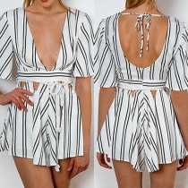 Sexy Backless Deep V-neck Short Sleeve Striped Rompers