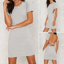 Sexy Backless Short Sleeve Round Neck Solid Color Dress