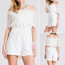 Sexy Slash neck Lace Spliced Gathered Waist Chiffon Rompers