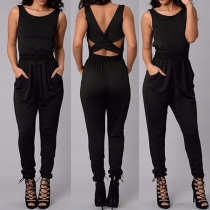 Sexy Backless Sleeveless Round Neck High Waist Solid Color Jumpsuits