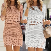 Sexy 3/4 Sleeve Tops + High Waist Bust Skirt Hollow Out Lace Set