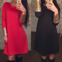 Fashion Solid Color Sequin Spliced Long Sleeve Round Neck Chiffon Dress