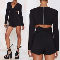 Sexy Deep V-neck Hollow Out High Waist Long Sleeve Rompers
