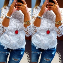 Sexy Long Sleeve POLO Collar Hollow Out Lace Crochet T-shirt