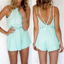 Sexy Backless Gathered Waist Solid Color Rompers