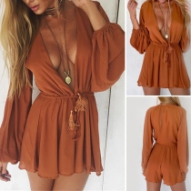 Sexy Deep V-neck Long Sleeve Gathered Waist Solid Color Rompers