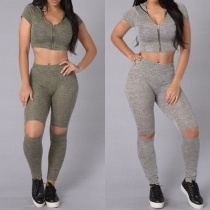 Sexy V-neck Short Sleeve Hooded Crop Tops + High Waist Ripped Pants Two-piece Set