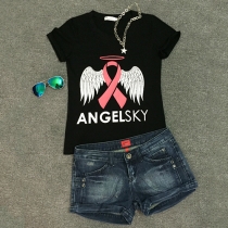 Fashion Letters Wings Printed Short Sleeve Round Neck T-shirt