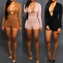Sexy Deep V-neck Long Sleeve Slim Fit Solid Color Rompers