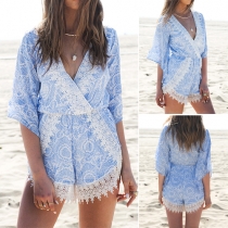 Sexy Deep V-neck 3/4 Sleeve Lace Spliced Printed Rompers