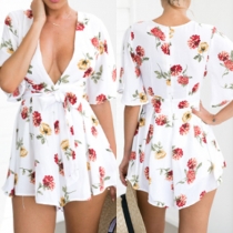 Sexy Deep V-neck Short Sleeve Floral Print Rompers