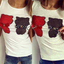 Sexy Off-shoulder Short Sleeve Round Neck Beaded T-shirt